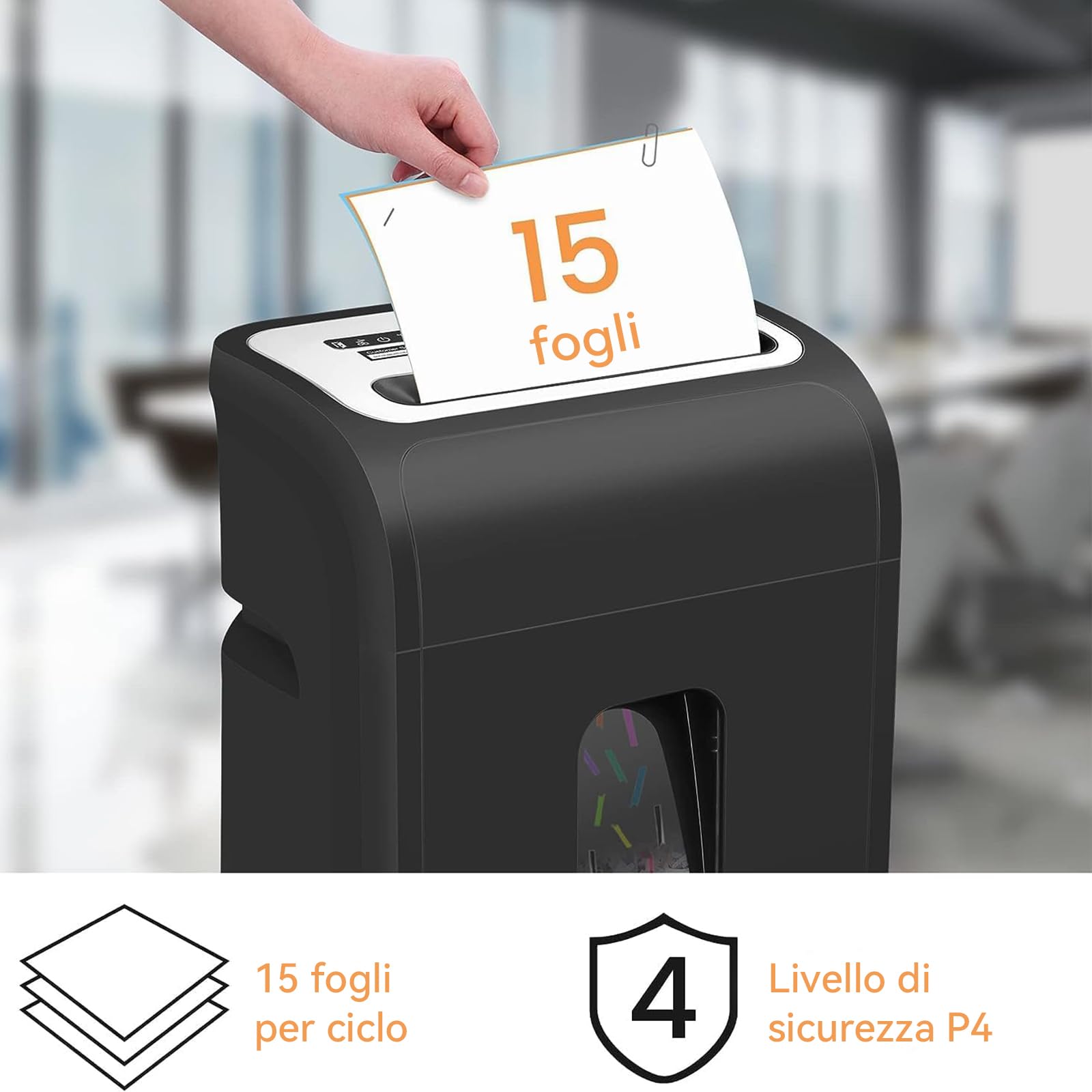 VidaTeco Distruggidocumenti 15 Fogli Taglio Crociato P4, 60 Minuti Funzionamento, Cestello 20L, 58dB Silenzioso, per Ufficio/Home Office