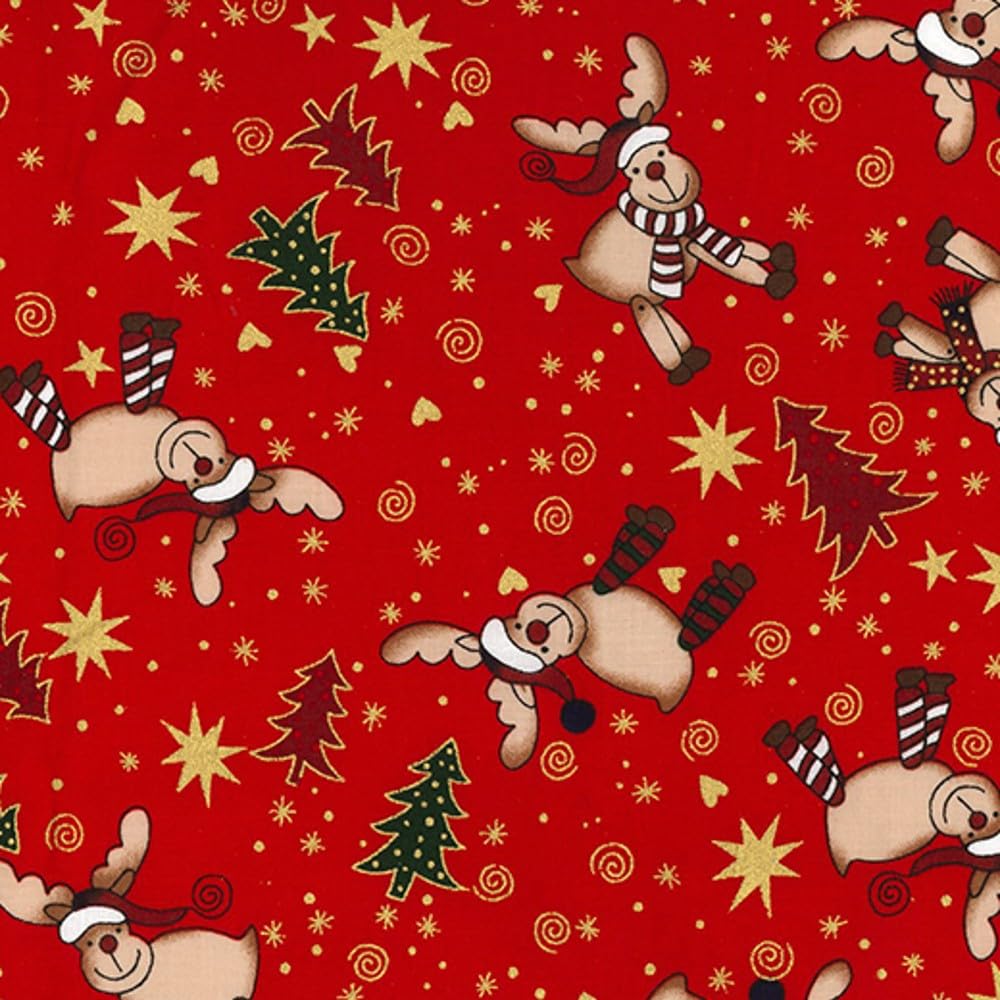 Oh Sew Crafty Limited Red 100% Cotton Fabric Rose & Hubble Christmas Rudolph Nose Reindeer 135Cm Wide (Price Per Meter) (Red)