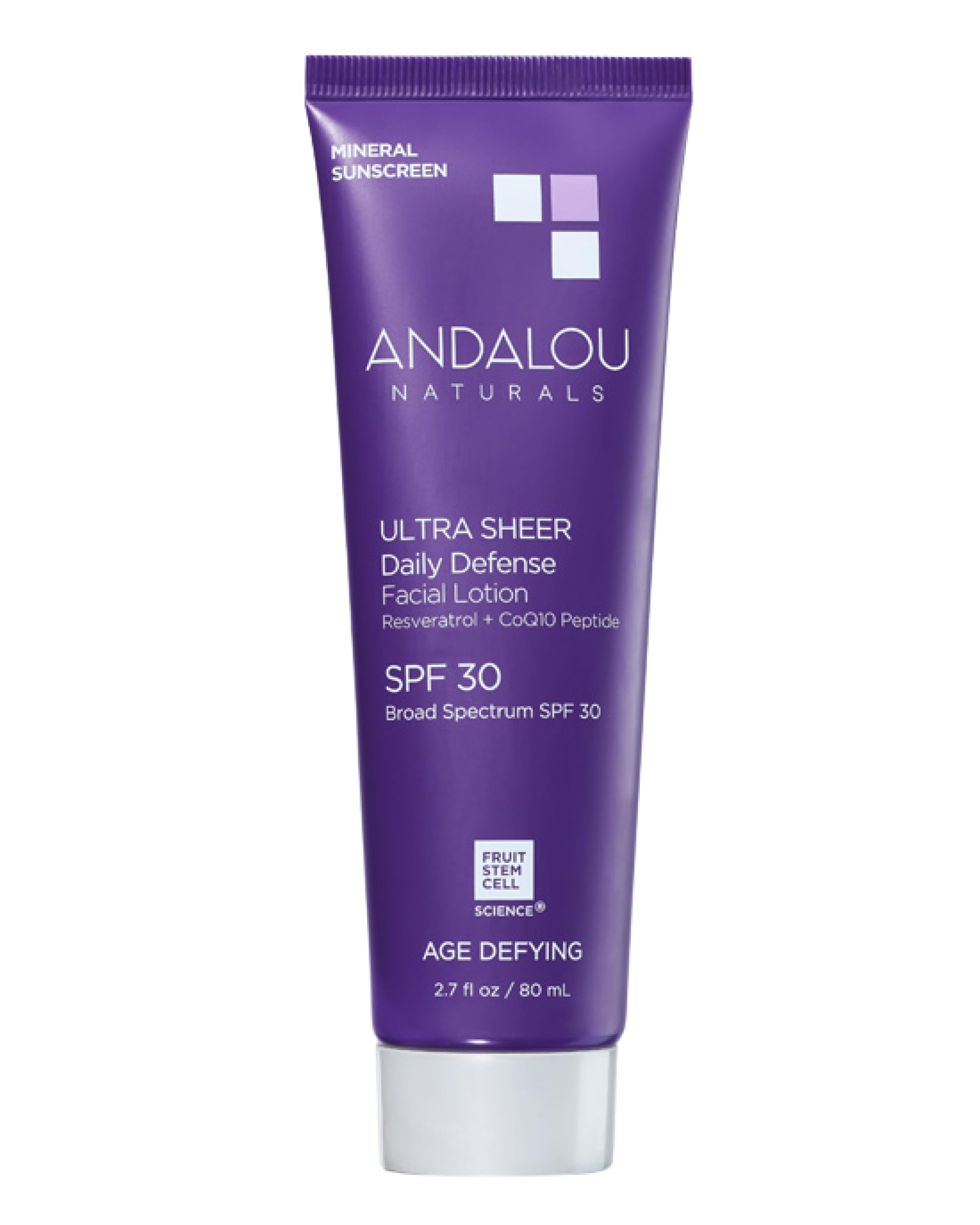 Andalou Naturals Age Defying Ultra Sheer Daily Defense Mineral Sunscreen SPF 30 | Face Lotion with Zinc Oxide | Lightweight Anti-Aging Sun Protection | 2.7 fl oz