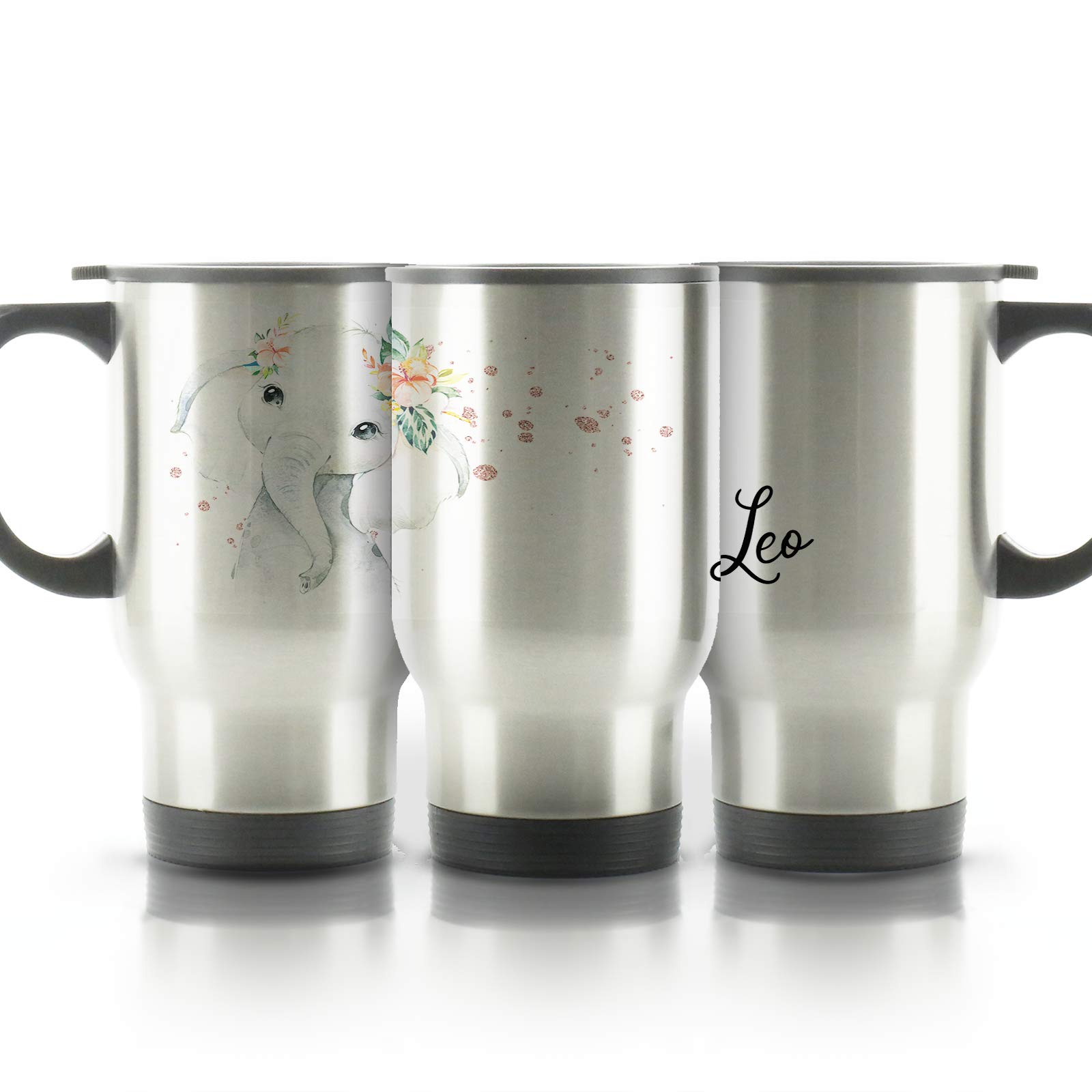 Hairyworm Personalised Travel Mug, 400ml Silver Stainless Steel Travel Mug with Handle, Customised with Initial/Name, Elephant Rain Drop Glitter Print Design Print