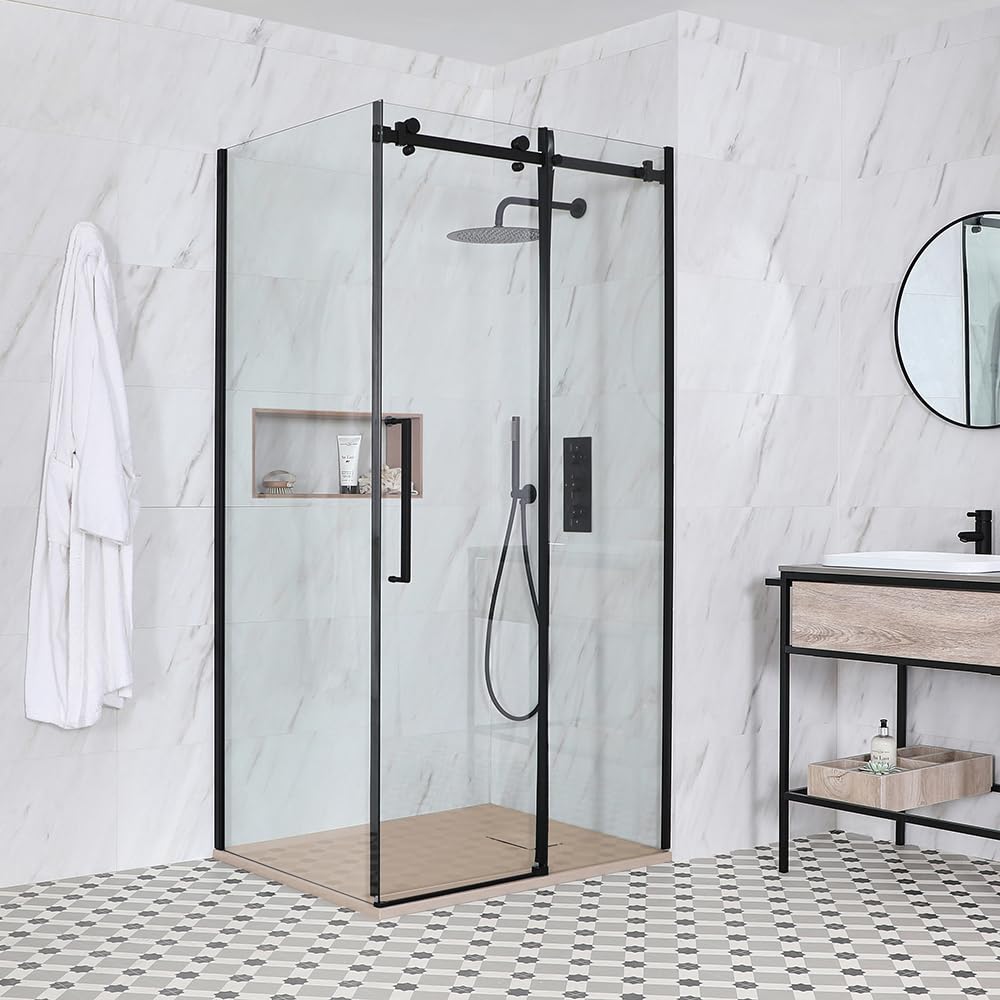 Milano Nero Black Corner Frameless Sliding Door Shower Enclosure Sand Effect Tray - 1500 x 800mm