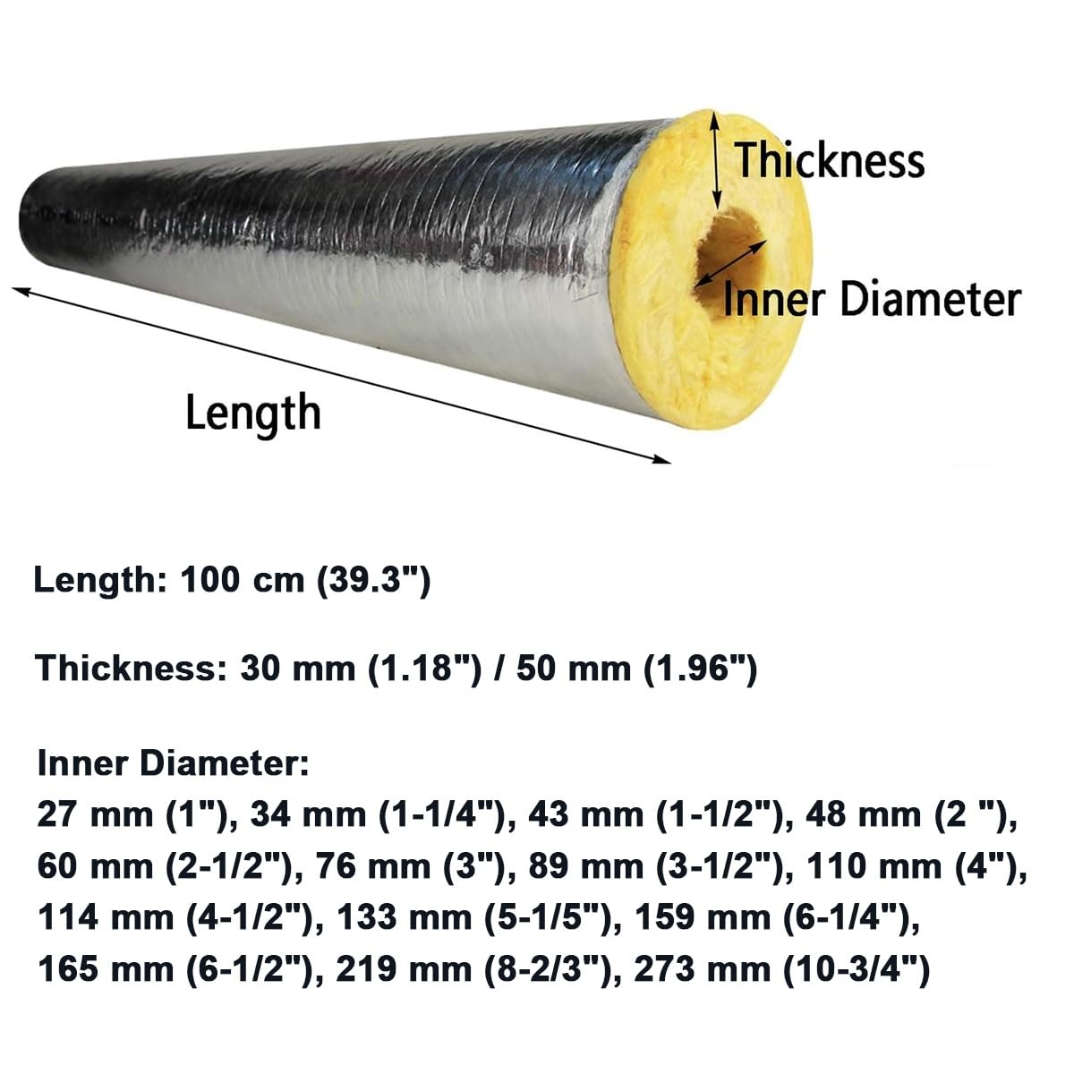 Aislamiento de tubería de lana de roca de alto rendimiento con lámina de aluminio, autoadhesivo, 39.3 pulgadas de longitud, ideal para diámetro interior de 1-1/4 pulgadas x T 1.97 pulgadas, protección