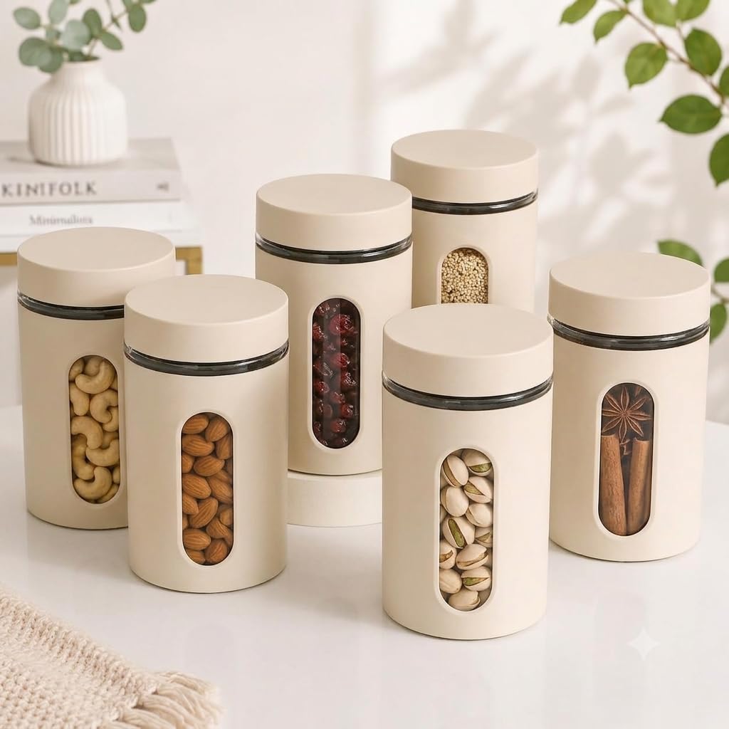 SR (Set of 6) Oval Window Plastic Storage Container (1000ml) | Airtight Kitchen Storage Containers | Containers for Kitchen Storage with Window for Snacks, Dry Fruits, Tea & Coffee (Multicolor)