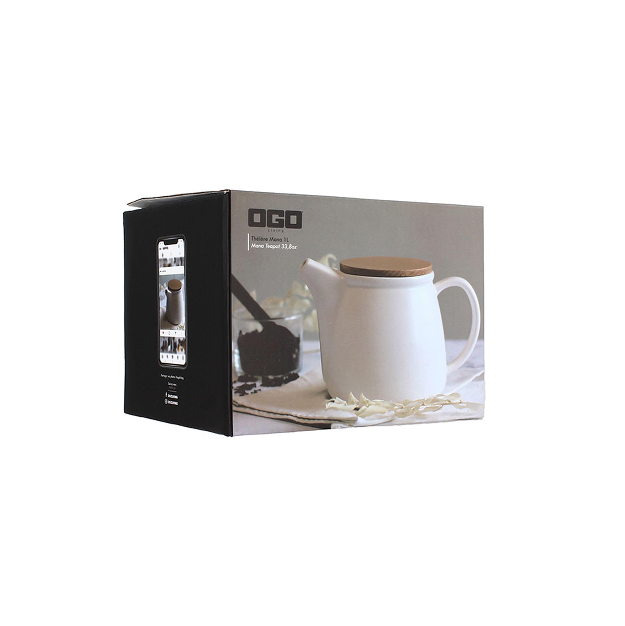 OGO LIVING - Théière Mona 1L en porcelaine blanche et couvercle bois