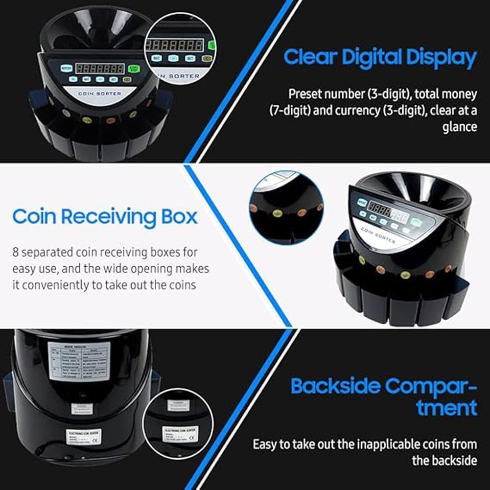 COYEUX Numeratore elettronico di Monete, conteggio e smistatore di Monete con Display Digitale a LED, 300 Monete/Minuto per Negozi scolastici e Banche