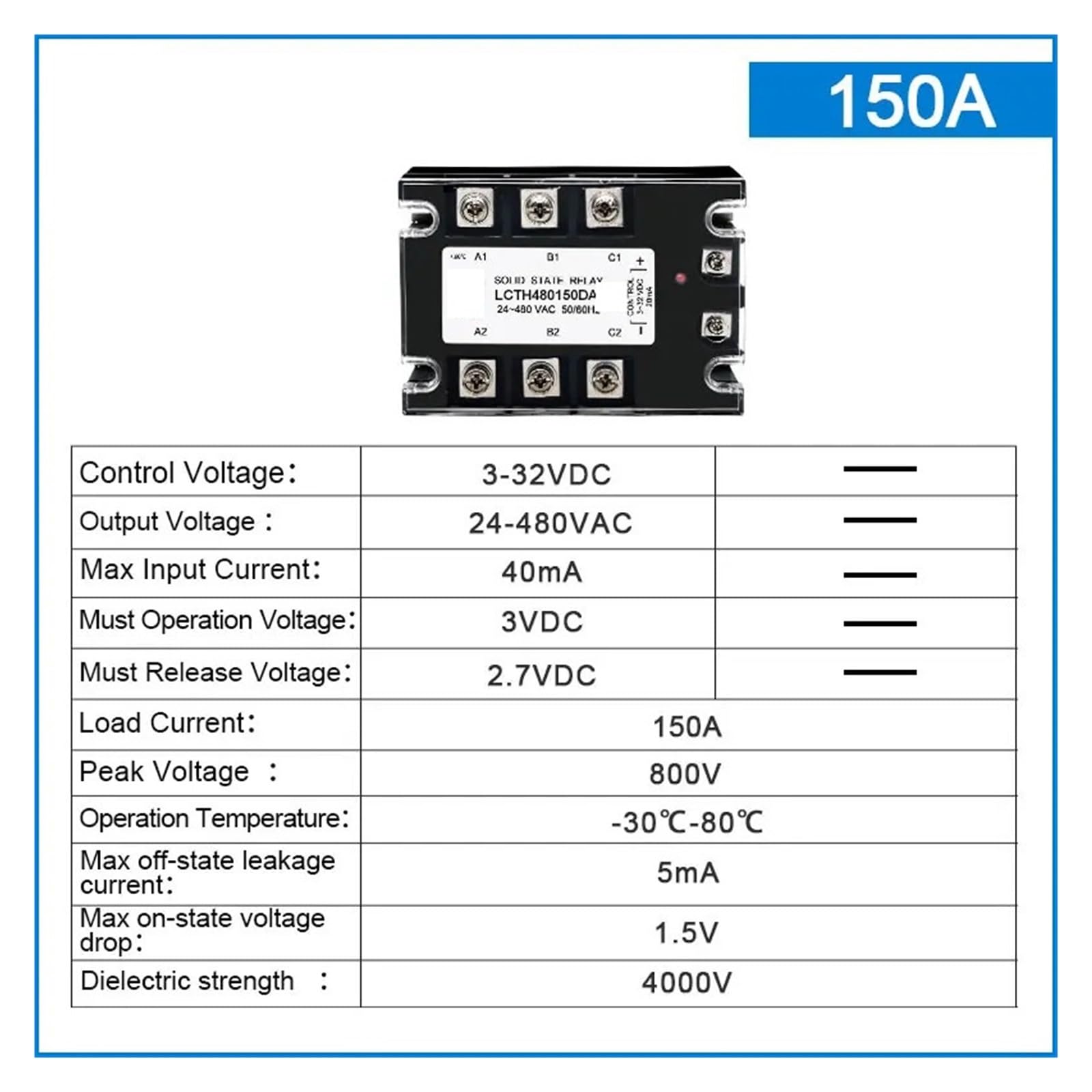 Relé de estado sólido trifásico, LCTH480 Módulo de relé de estado sólido trifásico SSR-10A 25A 40A 60A 100A 120A 150A 380V AC(DC-AC,150A)