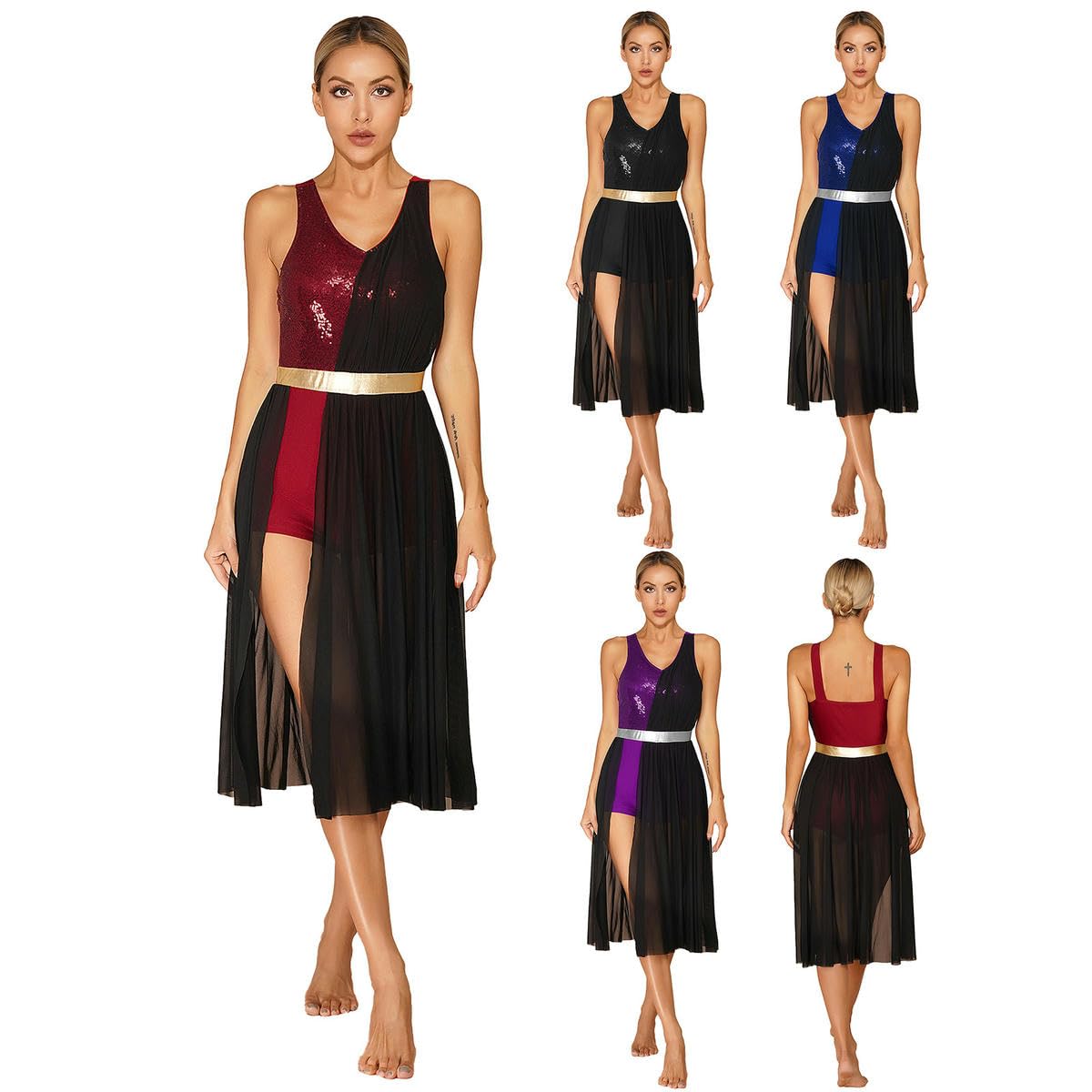 Disfraz de patinaje artístico para mujer, con lentejuelas brillantes, vestido de baile lírico, vestido de baile de graduación, cuello en V, tirantes anchos para los hombros