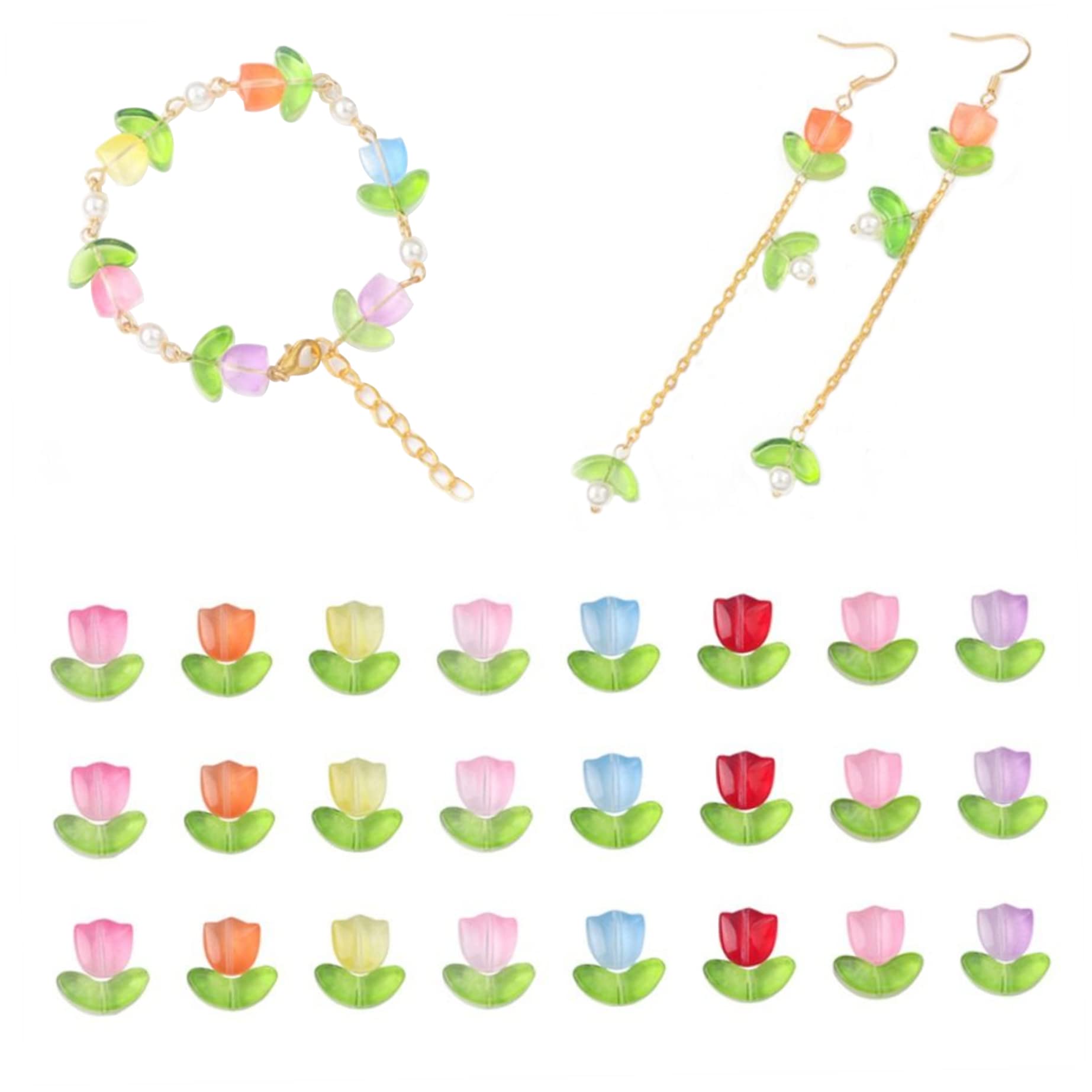 Seed Beads 100Pcs Assorted Glass Beads DIY Bracelet Bead Tulip Flower Bead Translucent Loose Glass Bead for DIY Bracelet Necklaces Jewellery Making Kit Without Needle