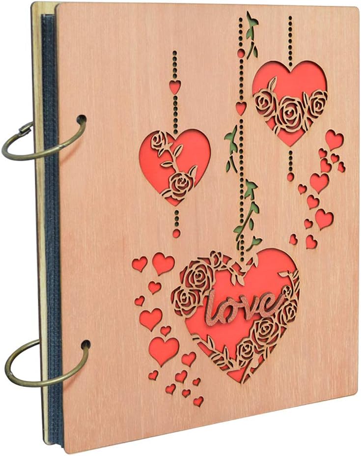 Calenzana 4x6 Love Photo Album Heart Wooden Picture Albums Book with 120 Pockets Wedding Anniversary Valentines Gifts