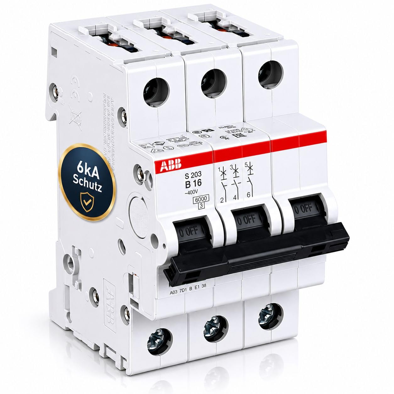 ABB S203-B16 Leitungsschutzschalter System pro M compact® Drehstrom (3P), Charakteristik B bis 16A, 6kA Kurzschlussfestigkeit