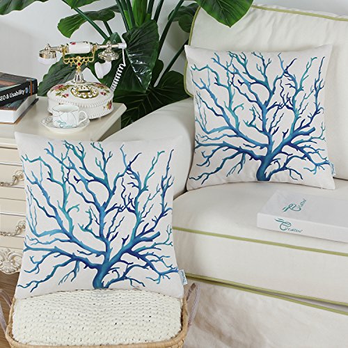 CaliTime Canvas Throw Pillow Cover Shell for Couch Sofa Home Decoration Aquarelle Painting Print 18 X 18 Inches Sea Coral Tree Blue Teal - Image 3