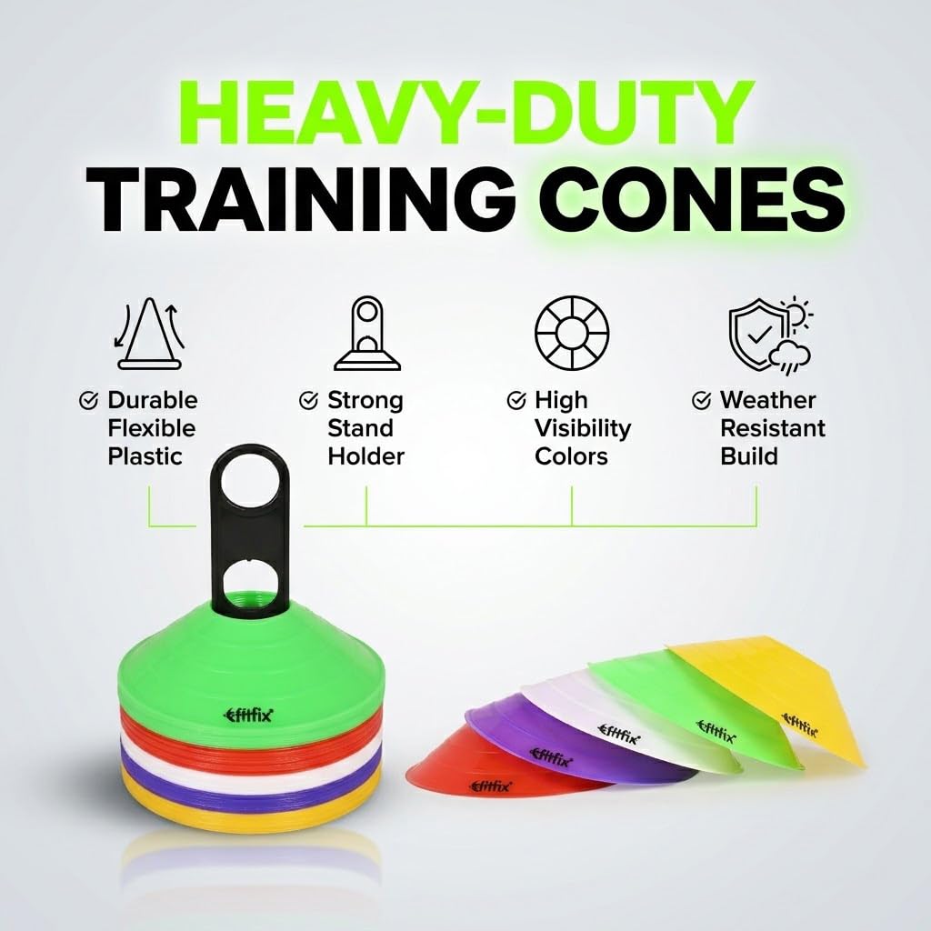 Fitfix® Disc Cones Set | Space Marker Cones 2" Height- Agility Training Cones for Cricket, Exercise, Kids Activity, Sports | Football Cones Set with Stand, Carry Bag (Pack of 10 Multicolour Colour) 1