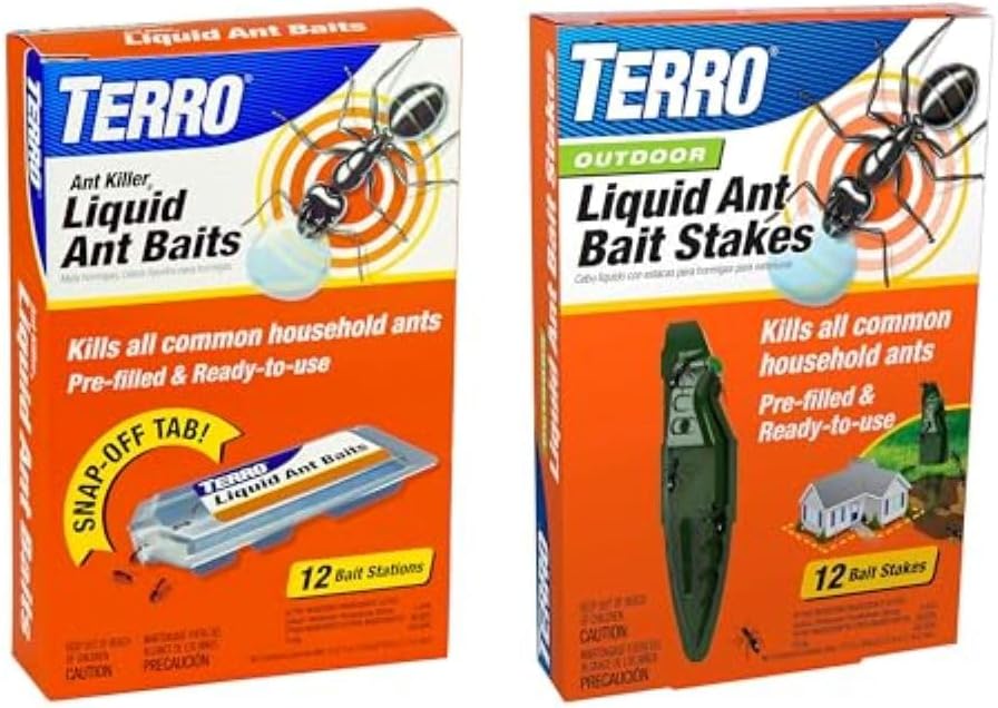 Bundle of TERRO T300B Liquid Ant Killer, 12 Bait Stations + TERRO T1813B Outdoor Ready-to-Use Liquid Ant Bait Stake Killer Trap - Kills Common Household Ants