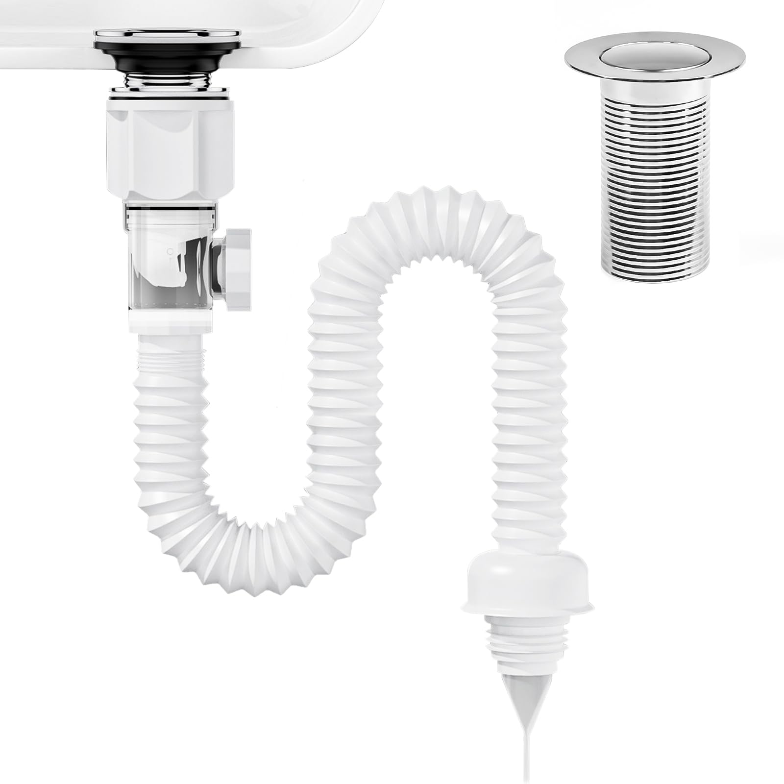 HOTUT Kit Vidange Lavabo – Siphon Pop-Up Anti-Odeur, Tuyau Flexible Extensible 42-93,5 Cm, Anti-Colmatage
