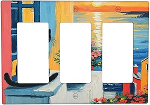 Decorative Outlet Covers Vintage Oil Painting Style Black Cat Sea Flowers 3 Gang Wall Plate Triple Rocker Light Switch Cover Plate Jumbo Electrical GFCI Faceplate for Country Home Decor