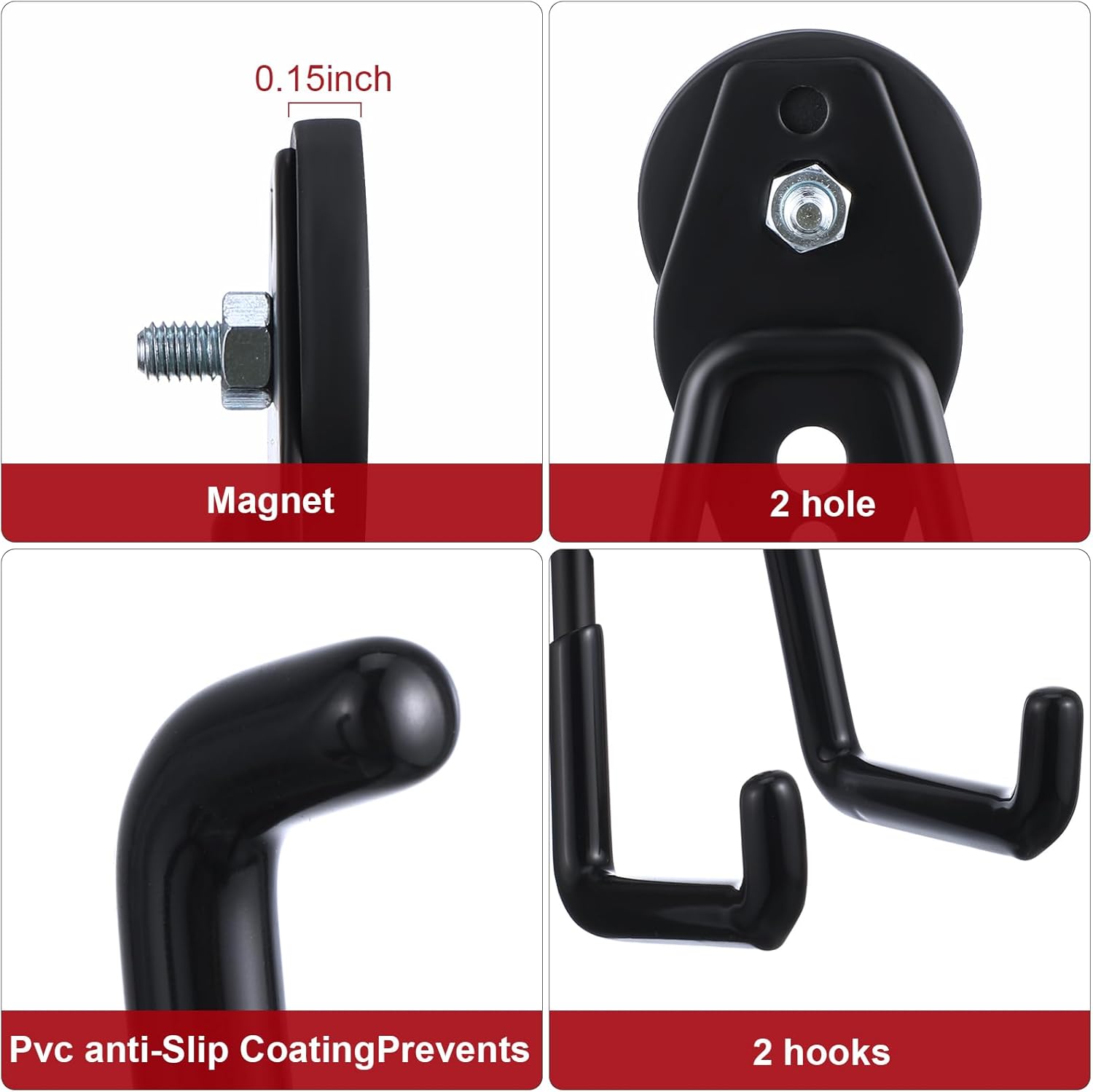 Landhoow 6 Pcs Large Magnetic Hooks Heavy Duty Garage Magnet Hooks Strong Storage Utility Magnetic Hangers with Anti Slip Rubber Coating for Indoor and Outdoor Hanging (Black)