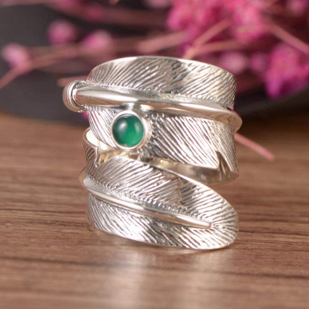 Frauen einstellbarer Ring, S925 Eingelegtes grüne Achatfedern Neuheit Open Finger Ring für Hochzeits Geburtstagsfeier Schmuck