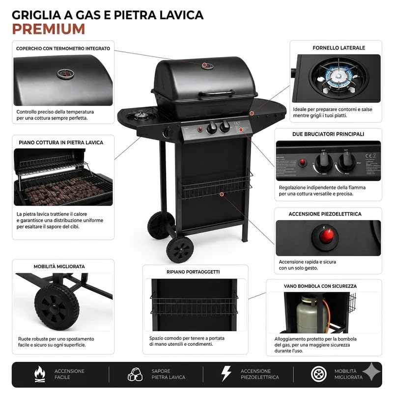 Barbecue a Gas GPL con Pietra Lavica, 2 Bruciatori 2,9 kW + Fornello Laterale 2,5 kW, Coperchio con Termometro e Finestra, Acciaio Inox, Ruote, Total Black, per Giardino e Terrazzo