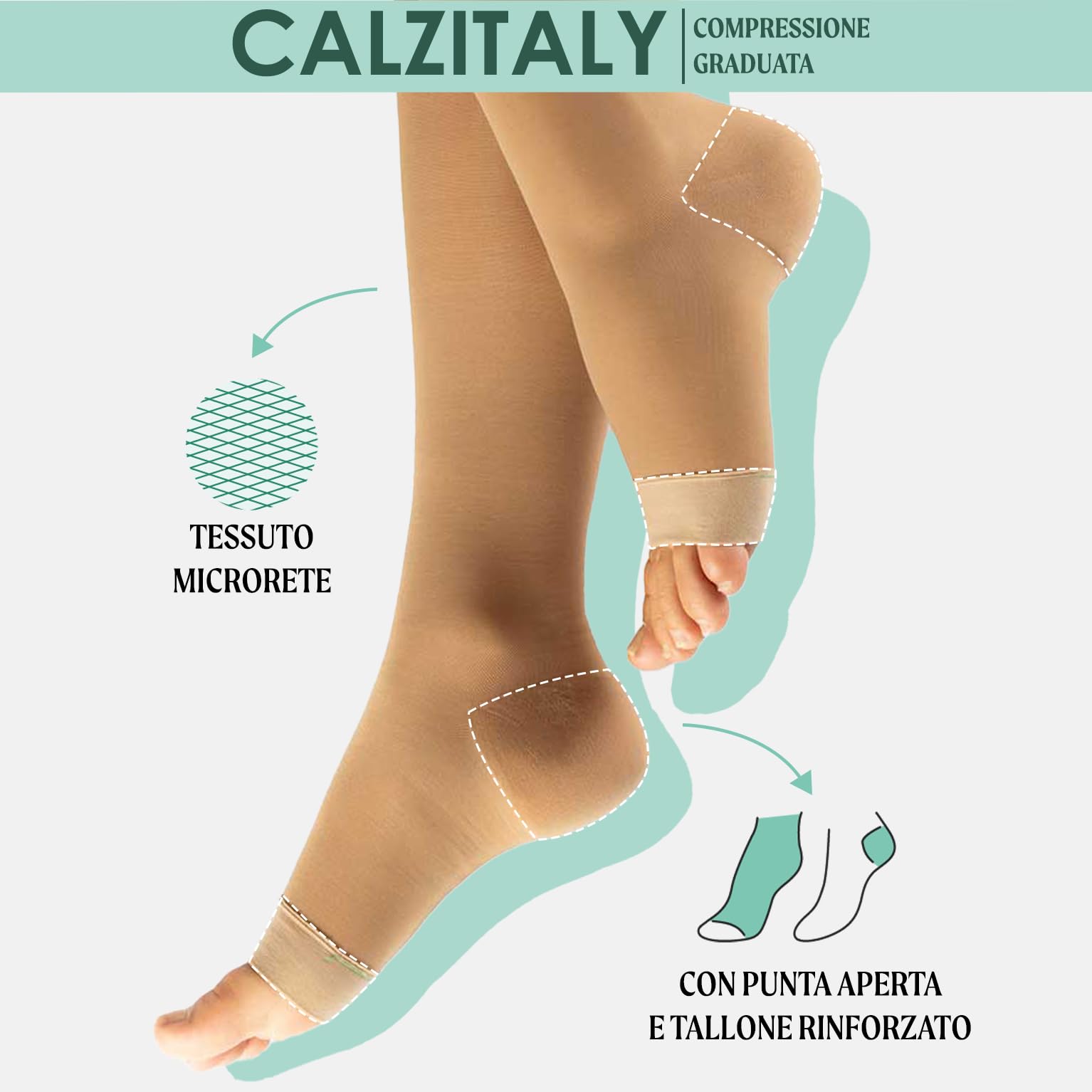 CALZITALY PACK 1/2 Gambaletti Elastici Compressione Graduata Forte a Punta Aperta, 140 DEN, 15/21mm/Hg | Made in Italy (Beige, S/M)