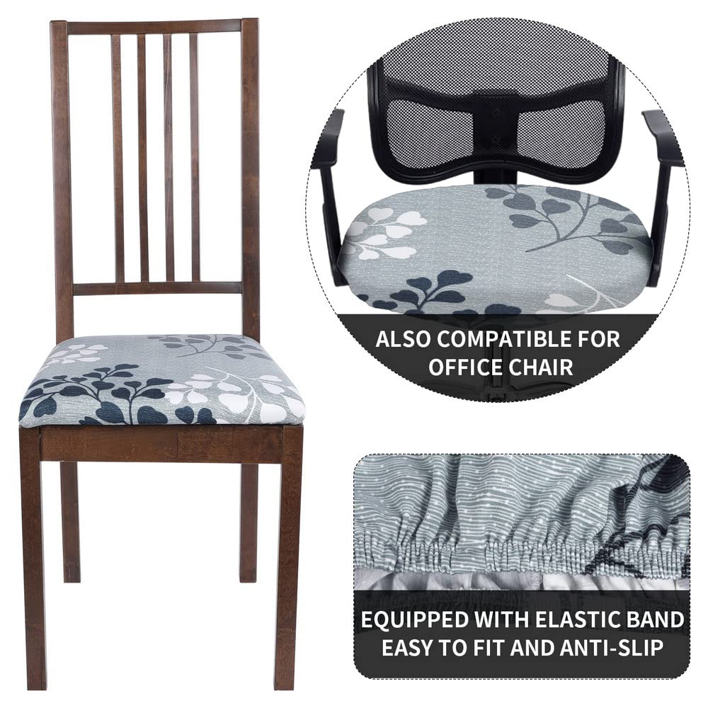 Juego de 4 fundas de asiento para sillas de comedor, fundas de asiento elásticas con estampado, extraíbles y lavables, fundas de cojín para cocina, oficina (patrón de hojas) 2