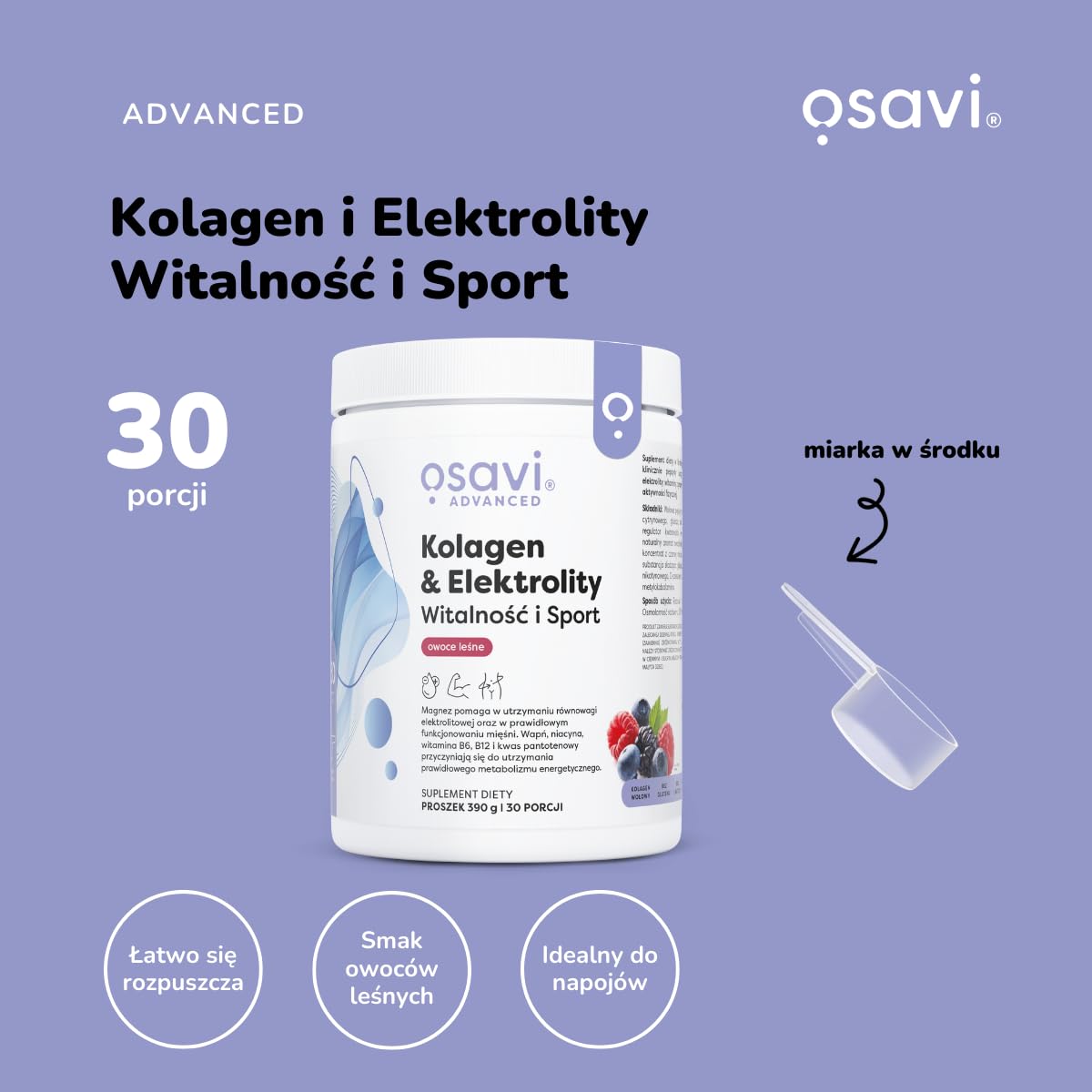 Osavi Kolagen & Elektrolity Witalność i Sport – 390 g proszku | Smak owoce leśne | Peptydy kolagenowe TENDOFORTE® | 5 elektrolitów + witaminy B | Aquamin Mg® | Wsparcie podczas aktywności fizycznej
