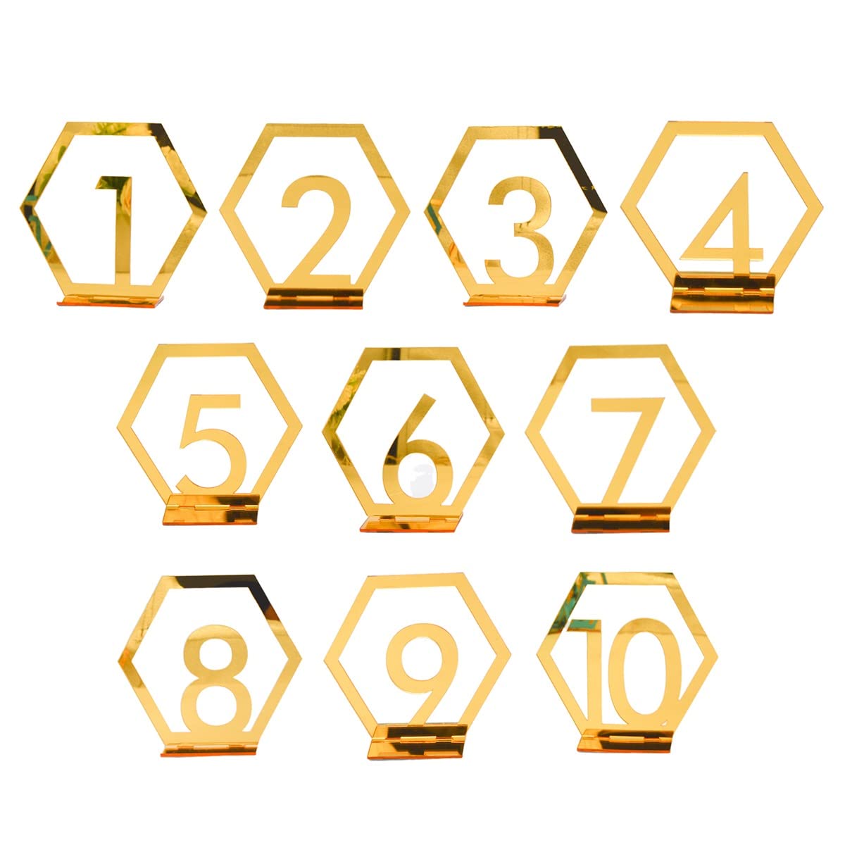 Zestaw numerów stołów, Akrylowe numery stołowe w kolorze złotym, 9x10 cm, cyfry 3x5 cm, podstawki, opakowanie 10 sztuk