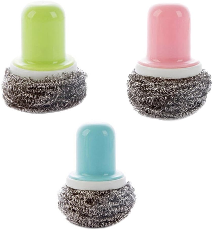 KLSS Stainless Steel Scourers Sponges Scrubbers - 2.7 Inch Diameter Steel Wire Brush Pan/Dish/Pot Brush, Set of 3 (Pink, Blue and Green)