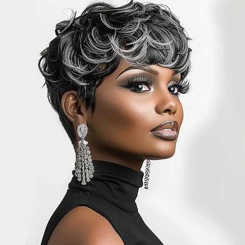 Pelucas cortas para mujeres negras, pelucas pixie grises para mujer, color degradado, negro, mezcla de gris, pelucas rizadas de corte Pixie con