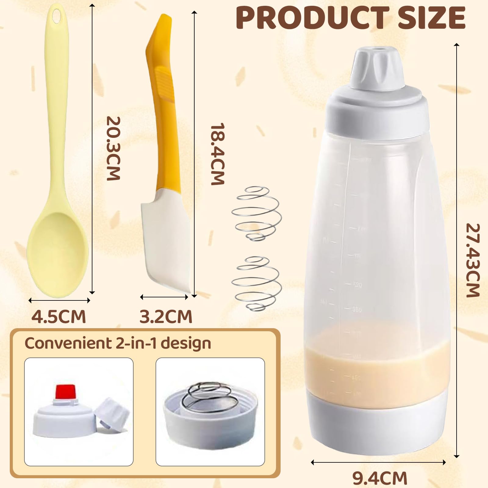 Teigspender, 2 Stück Quetschflasche für Pancakes & Muffins, Teigportionierer mit Deckel und Skala, Teigspritze für Waffeln, Crepes, Cupcakes, inkl. Silikonspatel
