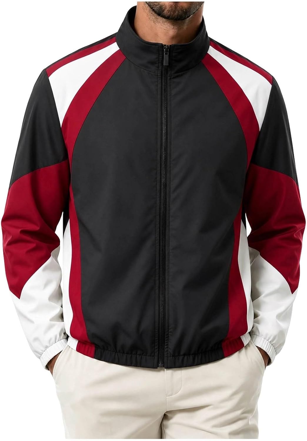 Mens Track Jacket Contrast Panel Full Zip Athletic Windbreaker | Contrast Panel Track Jacket Full Zip Stand Collar Elastic Cuffs Athletic Windbreaker For Running Training And Street Wear