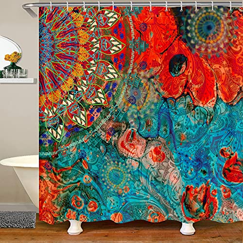 Loussiesd Boho Mandala Bathroom Fabric Shower Curtain Set Bohemian Style Shower Curtain for Hippie Mandala Bath Curtain Exotic Floral 59x71 Inch