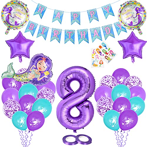 colmanda Ballon Anniversaire, Sirène Anniversaire Party Décorations Fille Anniversaire Bannière Violet Ballons Numéro Sirène Ballon, Anniversaire Sirène Ballon Fille Violet Party Décorations (8 Ans) Cover