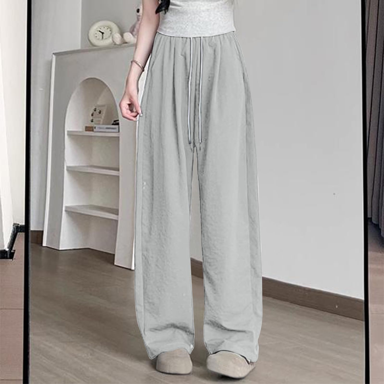 Womens Baggy Wide Leg Pants Stretch High Waist Lounge Pant Summer Casual Comfy Workout Sports Trousers with Pockets(Khaki,Large)