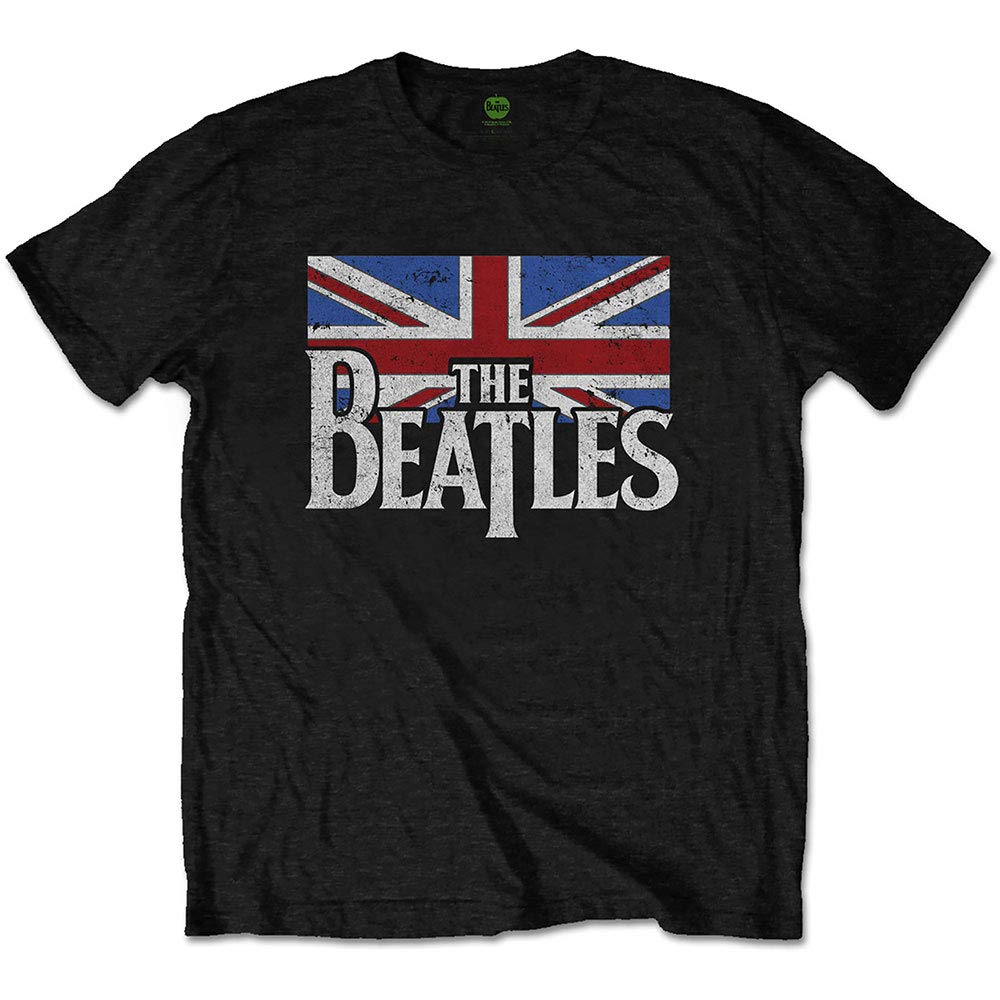 The Beatles Logo and Union Jack Flag Classic Drop T Black Mens T-Shirt (Medium)