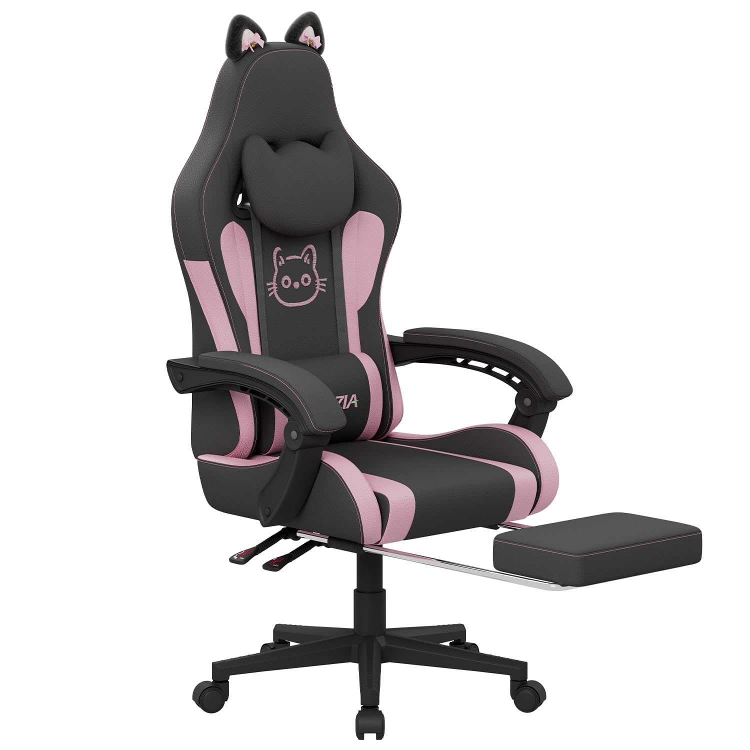 bigzzia Silla Gaming,Silla Gaming ergonómica con Orejas de Gato para niñas y Adultos, Silla de Juegos de Ordenador Ajustable en Altura con reposacabezas y Soporte Lumbar de Masaje (Negro Rosa)