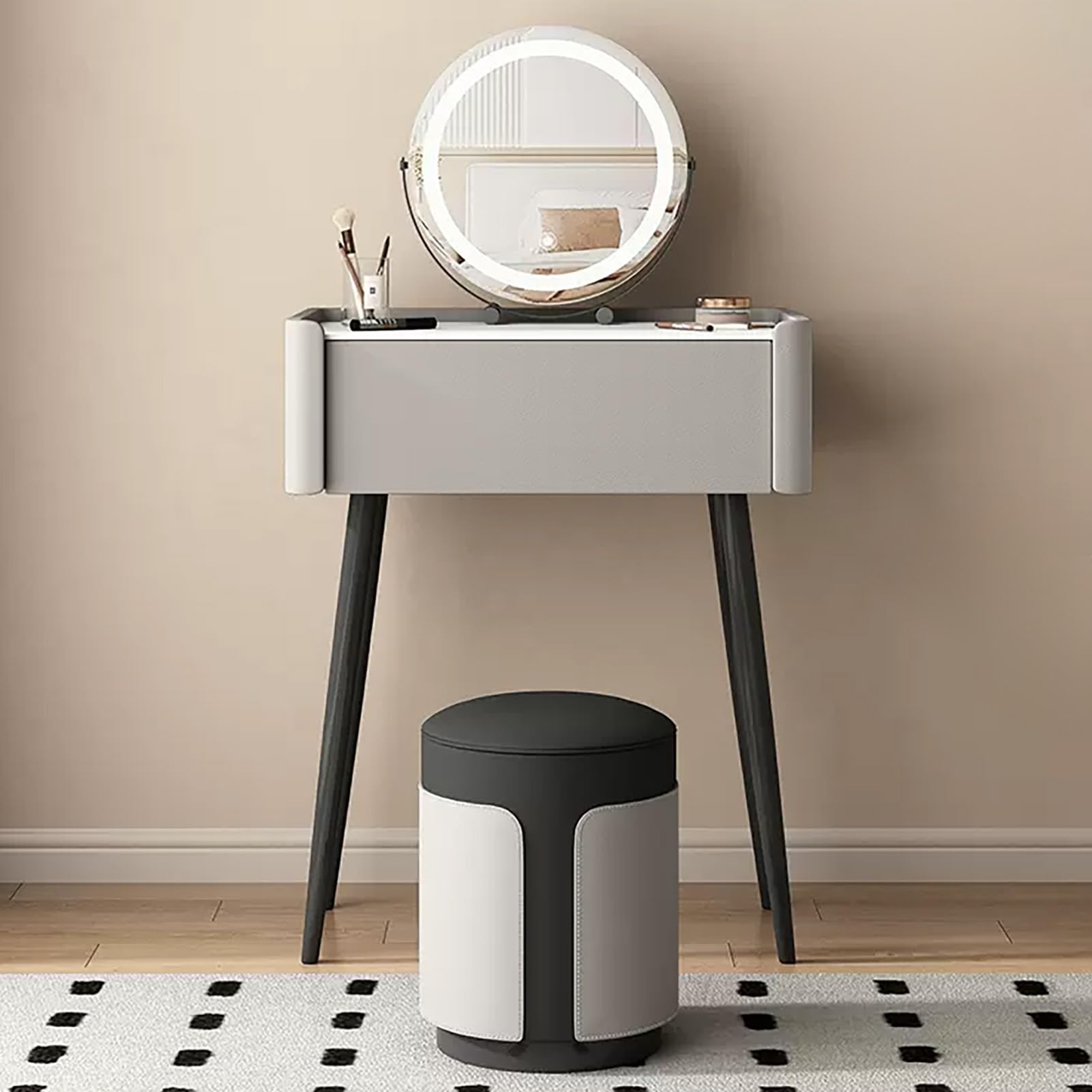 CGCSYZ Makeup Vanity Set, Slate Vanity Table, Microfiber Leather Vanity Desk, Narrow Dressing Table, Makeup Table with Rotatable Mirror, with Cushioned Stool, Metal Legs(Grey-80cm/31.5in)