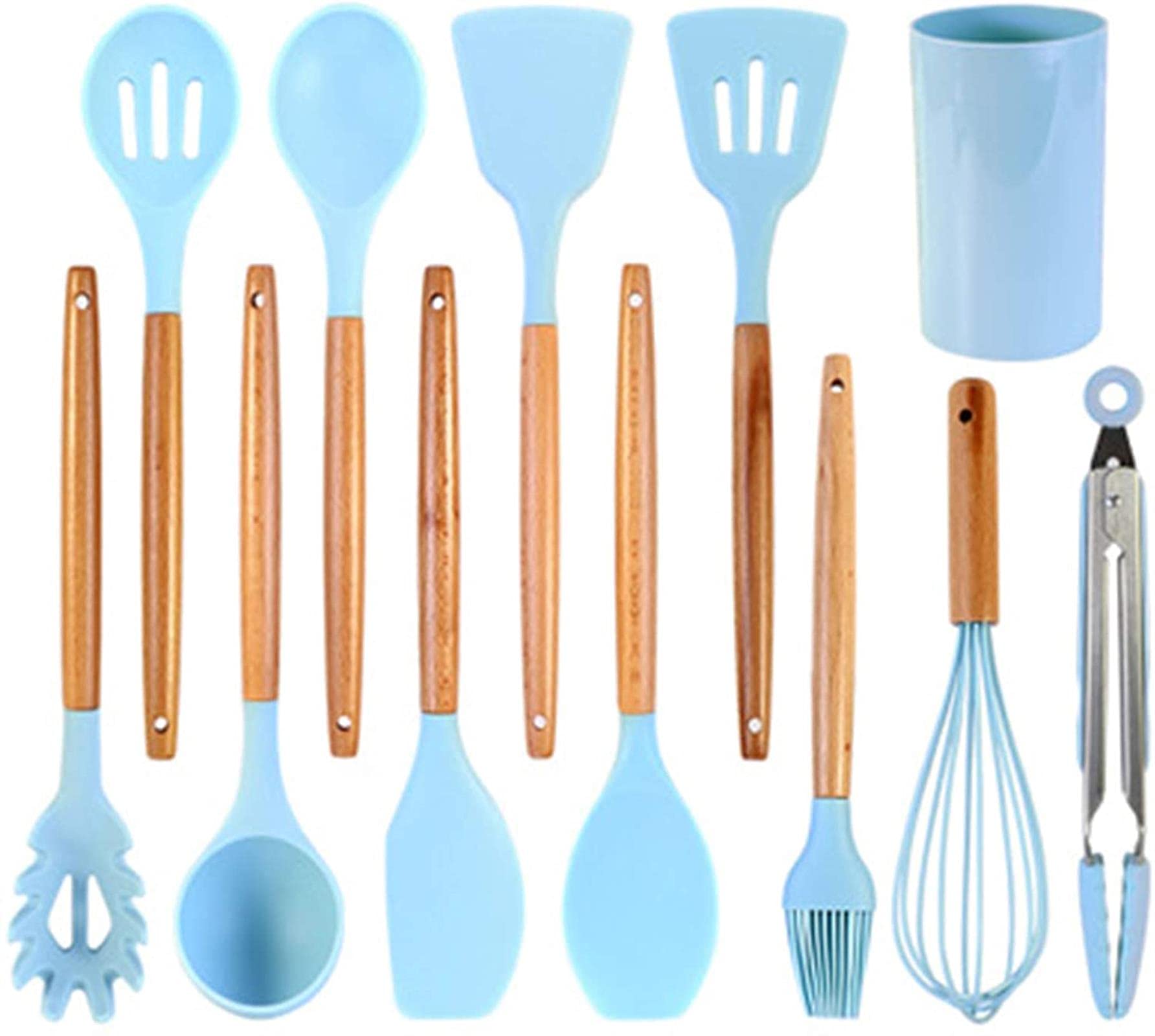Langlebige Küchenutensilien-Set mit Halter 12-teilig Exquisite BPA-frei Holzgriff Silikon-Utensilien-Set Küchenhelfer
