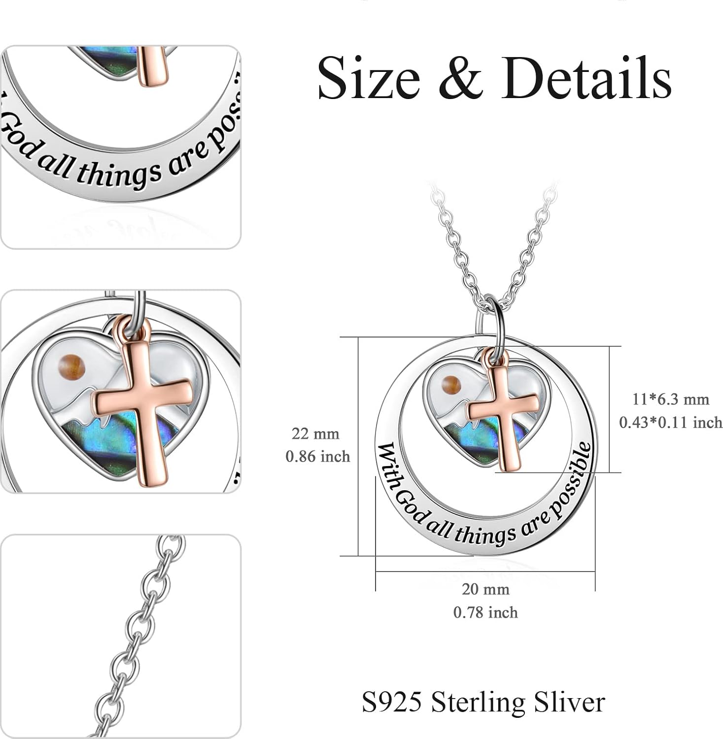 AOBOCO Two-Tone Sterling Silver and Rose Gold or Gold-Faith Hope Love Cross Charm Pendant Necklace with Austrian Crystal - Image 4