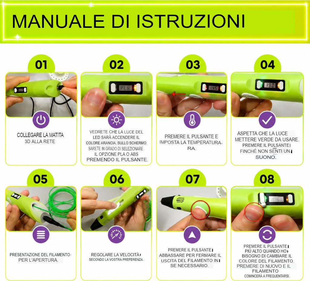 Penna 3D, matita 3D, filamento PLA, display LCD, strumento per artigianato e riparazioni, temperatura e velocità regolabili, con borsa per il trasporto
