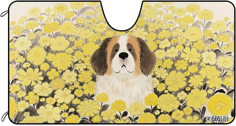 Dog Windshield Sun Shade Front Window Sunshade St.Bernard & Yellow Florals Design Windshield Cover Blocks UV Rays for Car Truck SUV 51 x 26.8 Inch Style 2