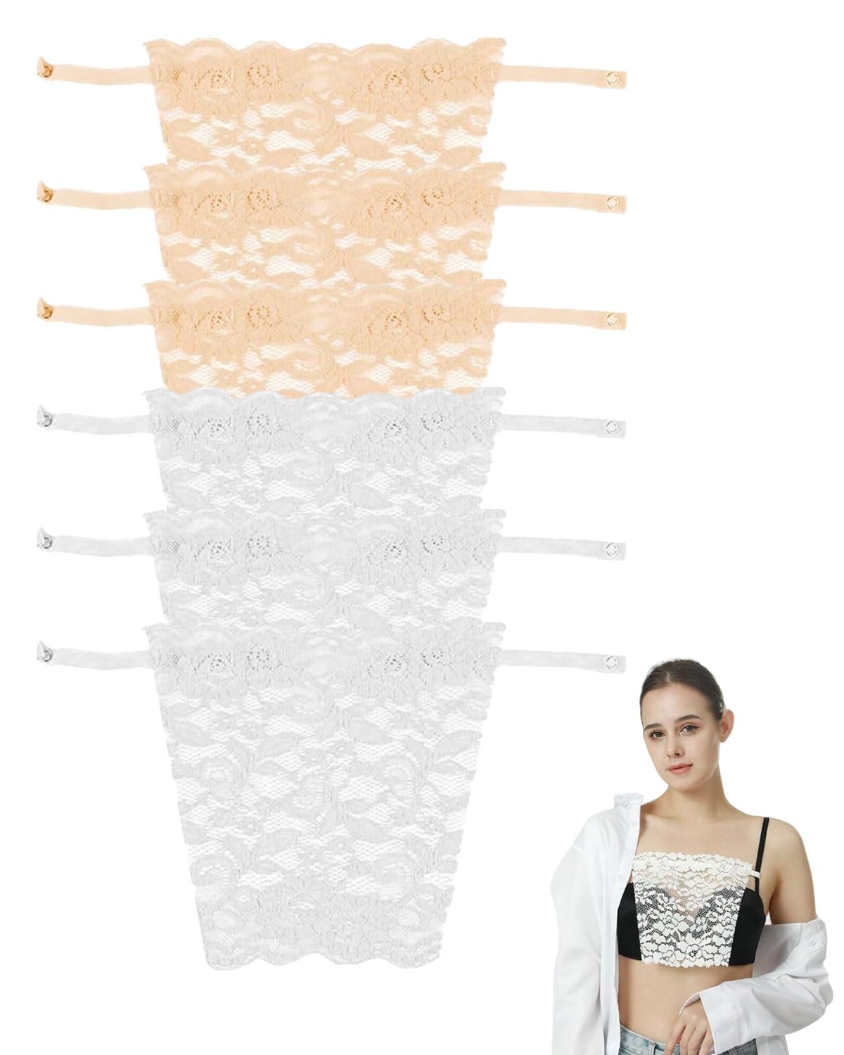 3 Cache-Décolletés En Dentelle Avec Clip - Faux Camisole Pour Robes Et Tops - Noir/Blanc/Beige