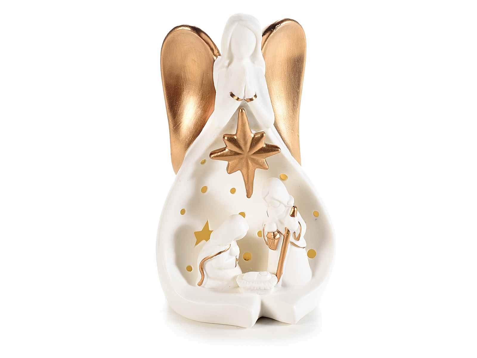 Sudopo Bosch Elettrodomestici Belén navideño KONTARBOOR de cerámica Blanca con Detalles Dorados con Luces LED, 10,5 x 9 x 18 H.