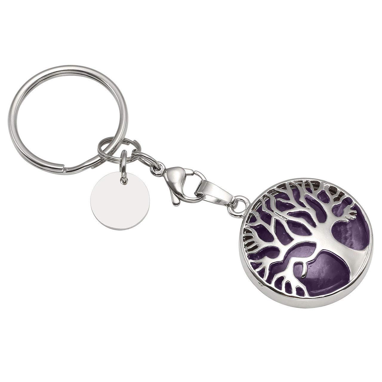 Natural Amethyst Crystal Keyring Silver Life Tree Healing Crystals Stone Key Chain