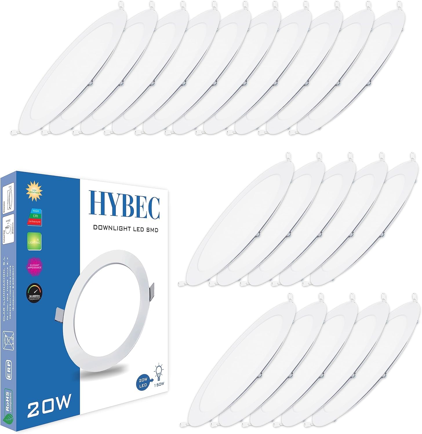 Oprawa sufitowa LED Downlight, Downlight LED 20W, reflektor LED kryty sufit, sterownik w zestawie, ciepłe światło 3000ºK* (20 sztuk)