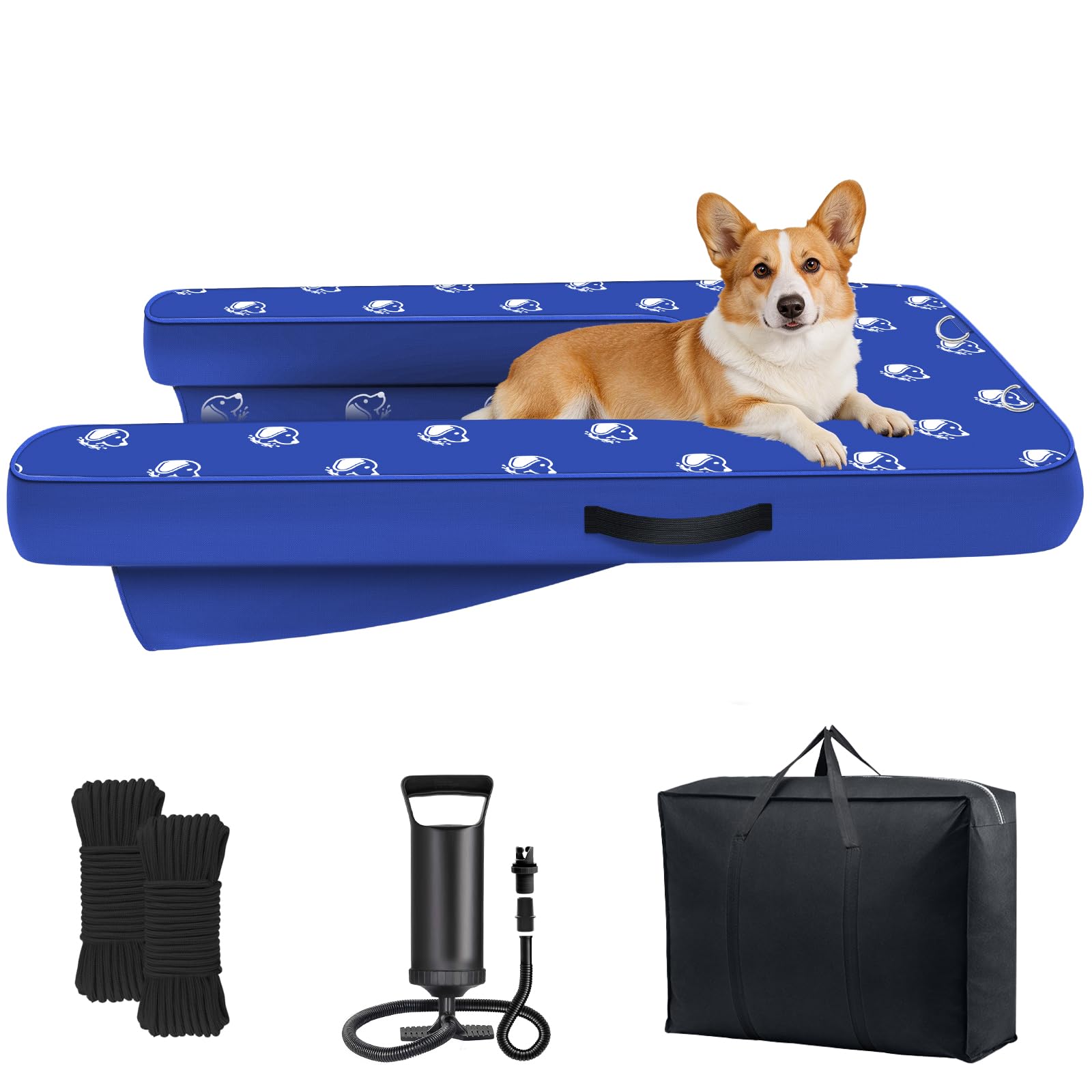 Photo 1 of Inflatable Dock Platform, Medium Dog Boat Ramp Floating Non-Slip Oxford and PVC with Small Water Ramp for Dogs Pool, Dock, Lake with Traction Rope, Manual Air Pump (3.2ft x 2.2ft x 4in) M01