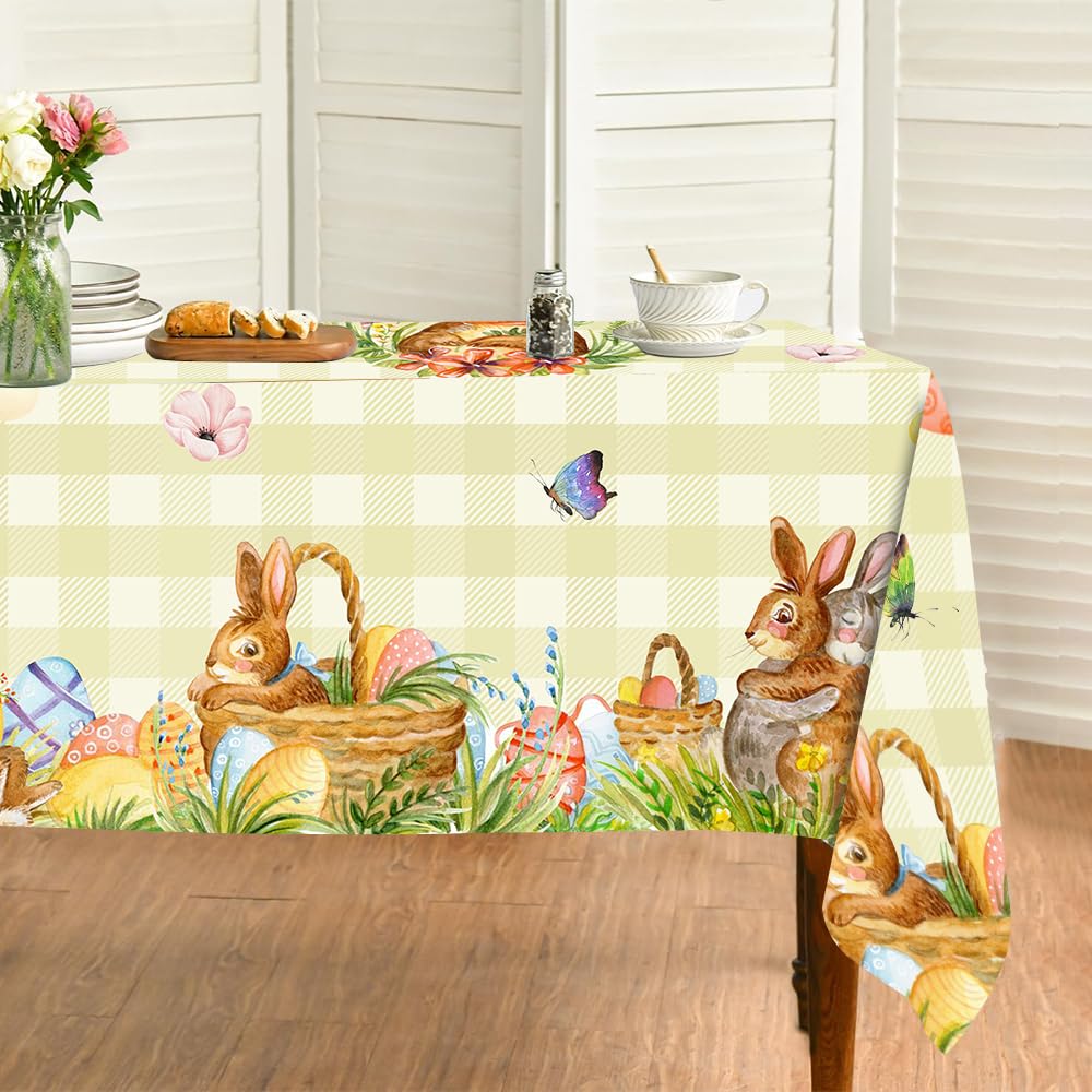 Quimoy Easter Tablecloth Rectangular 60x84 Inch, Cute Bunny Eggs Flower Butterfly Rabbits Table Cloth, Easter Plaid Table Cover for Party Banquet Picnic Kitchen Dinner Decor