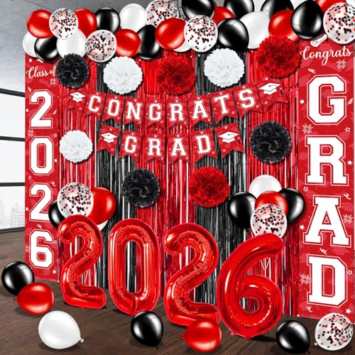 Image of Graduation Party Decorations Class of 2026, Graduation Decorations with Congrats Grad Banner Fringe Foil Curtain Paper Flower Ball Balloons for High School College Grad Party Supplies, Red