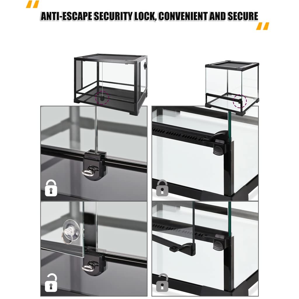 Terrario de vidrio grande para reptiles, anfibios, caja de cría de hábitat de vidrio, pantalla superior con vista completa, ventilación y diseño de bloqueo de seguridad para pequeños (negro 60x45x45cm