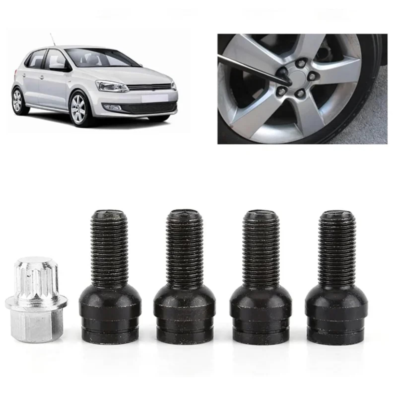 Radschrauben Kompatibel mit VW für Bora 5 Stück schwarze Radsicherungsmuttern aus Stahl für Leichtmetallräder M14 x 1,5 Leichtmetallradbefestigungen Autozubehör