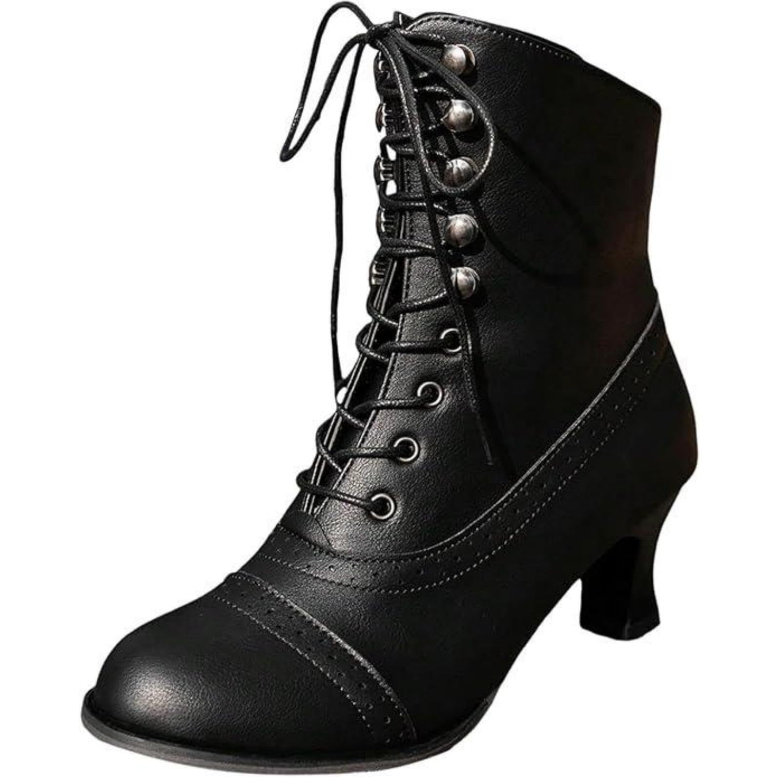 Victorian Boots for Women 70s Vintage Lace Up Mid Calf Ankle Booties Renaissance Witch Costume Shoes Low Heel